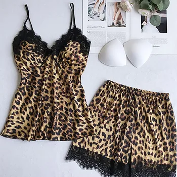 пижама Ponios pižama seksualus rinkinys leopardas spausdinti satino naktį suknelė suspender nightdress suspender šortai nustatyti boutique seksualus pajama F04